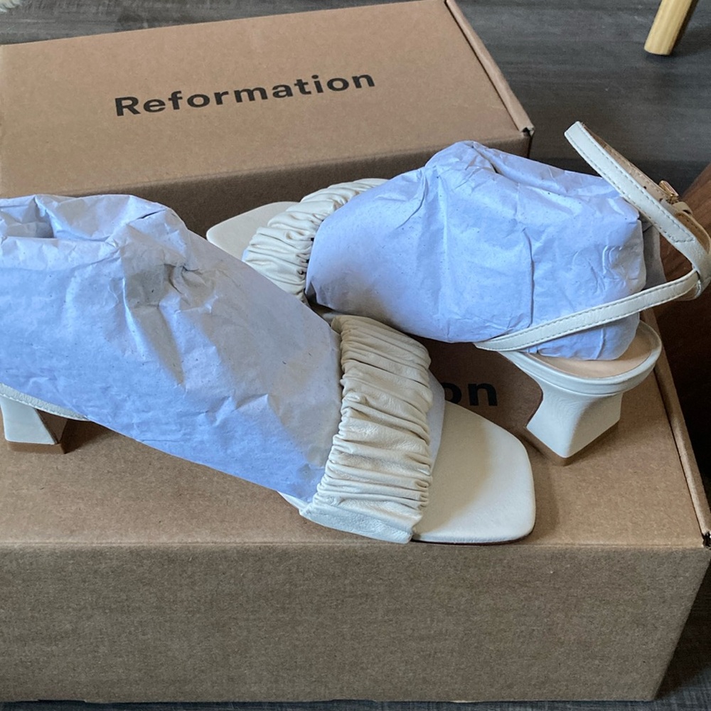 Reformation Cream Ruched Strap Sandals